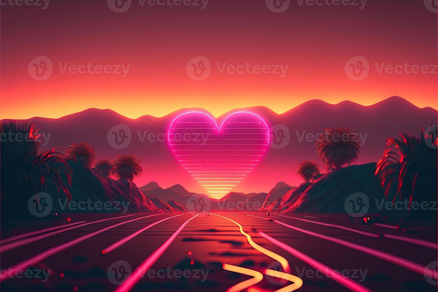 valentine day with retro style hearts, love concept, retro wave sunset, in style of synthwave artwork, cinematic color grading, cinematic light, depth of field. photo