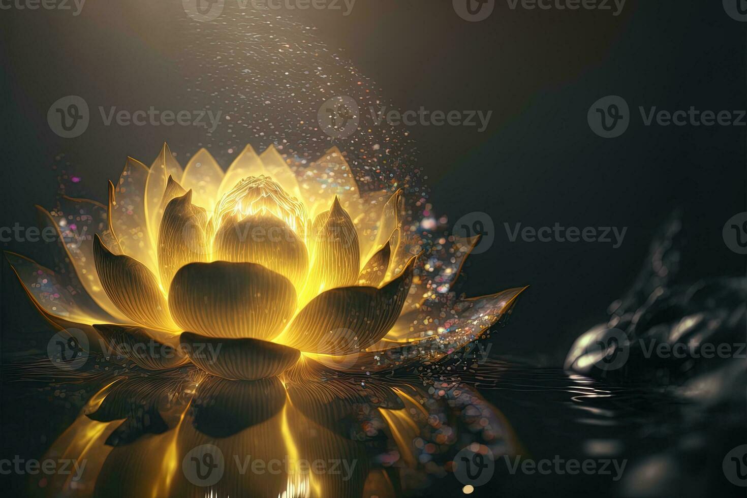 Bright red, yellow lotus flower, burning cloud-like petals, surrounded by magic chaos light, white smoke, falling reflected light, Lotus light with pearls floating on a sparkly background. photo