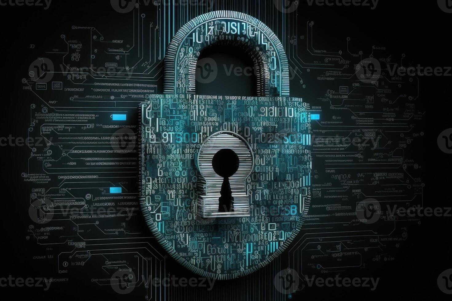 Cyber security information security and encryptions, , Cybersecurity illustration with high-tech padlock protecting a laptop computer and electronic online information symbols, graphics. photo