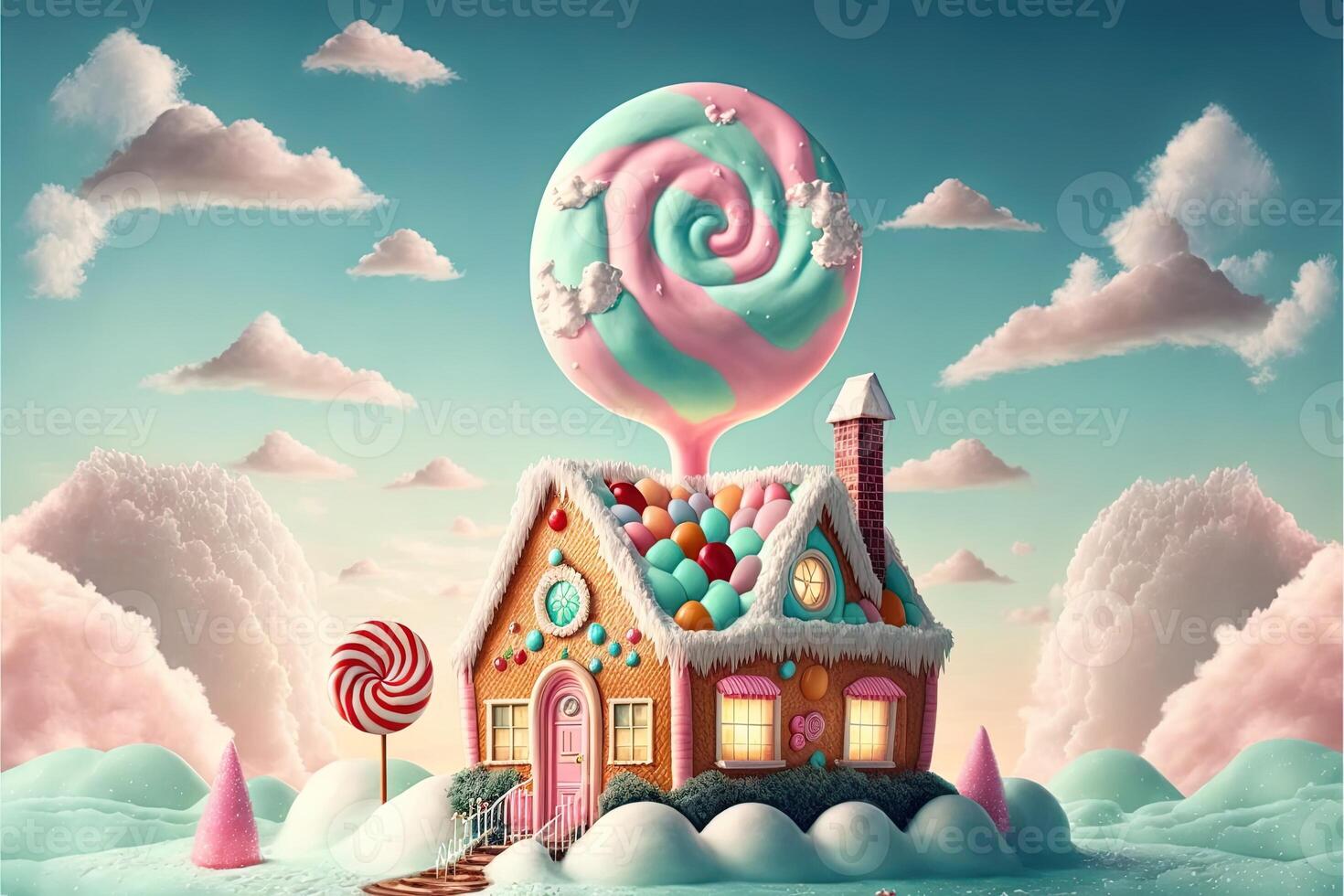 Christmas decorations with colorful gingerbread pink house and colorful candy on white cloud. Winter holidays new year and xmas composition. Amazing fairy Christmas house. photo