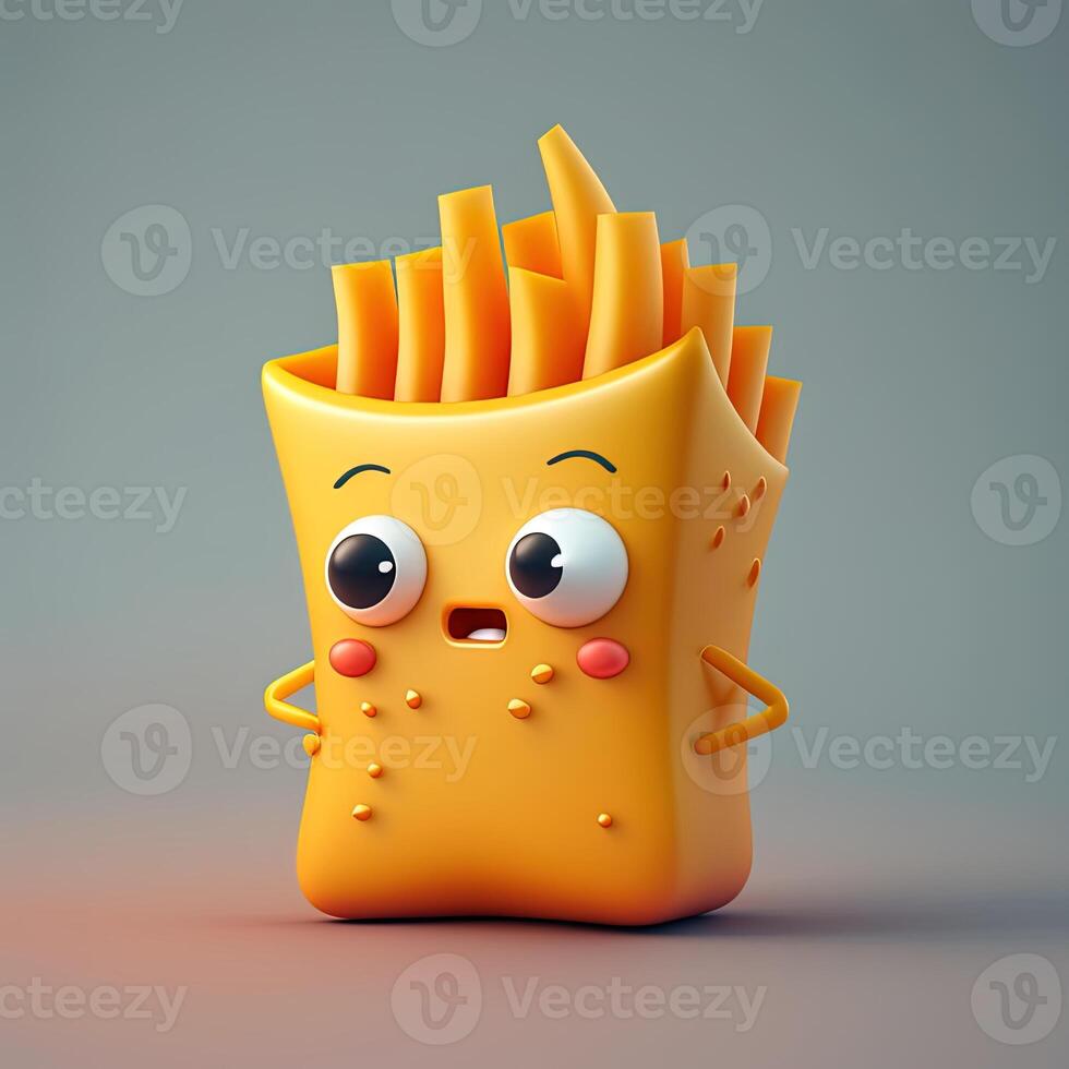 collection of happy, smiling, joyful cartoon style French fries characters for meal, dinner design. Cartoon French fries character for restaurant mascot. photo