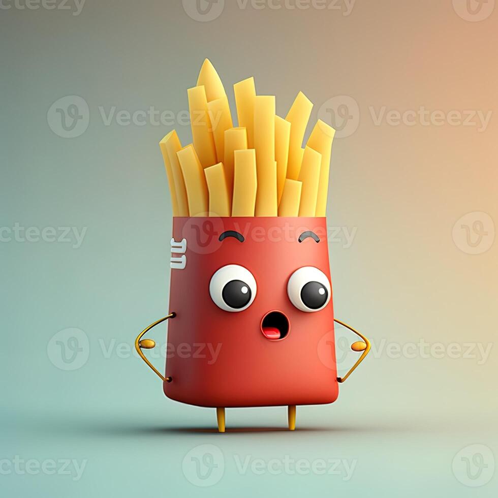 collection of happy, smiling, joyful cartoon style French fries characters for meal, dinner design. Cartoon French fries character for restaurant mascot. photo