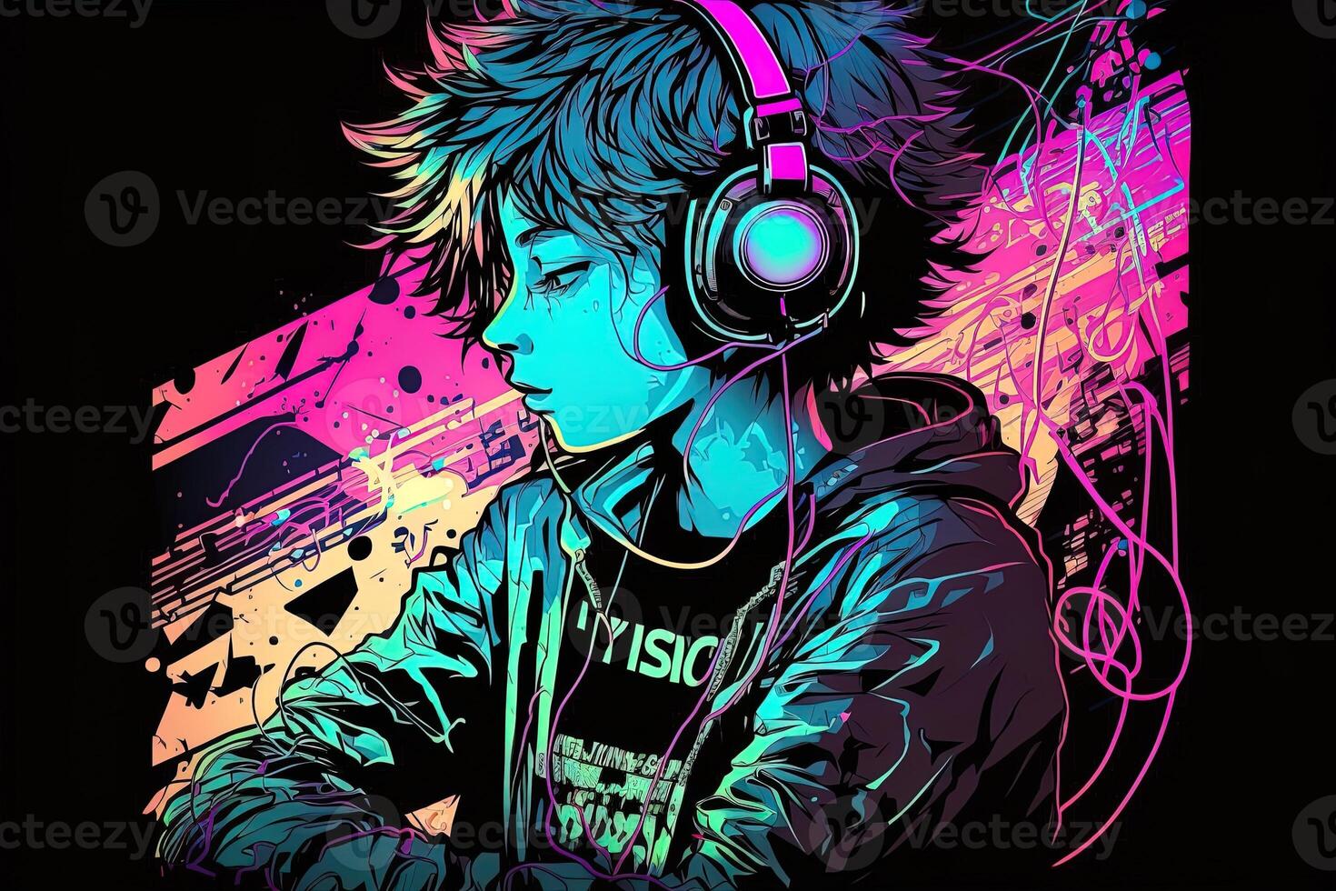 an neon gamer anime fashion boy or man wearing headphones, lost in his music. abstract background that evokes the feeling of different genres of music. banner music concept photo