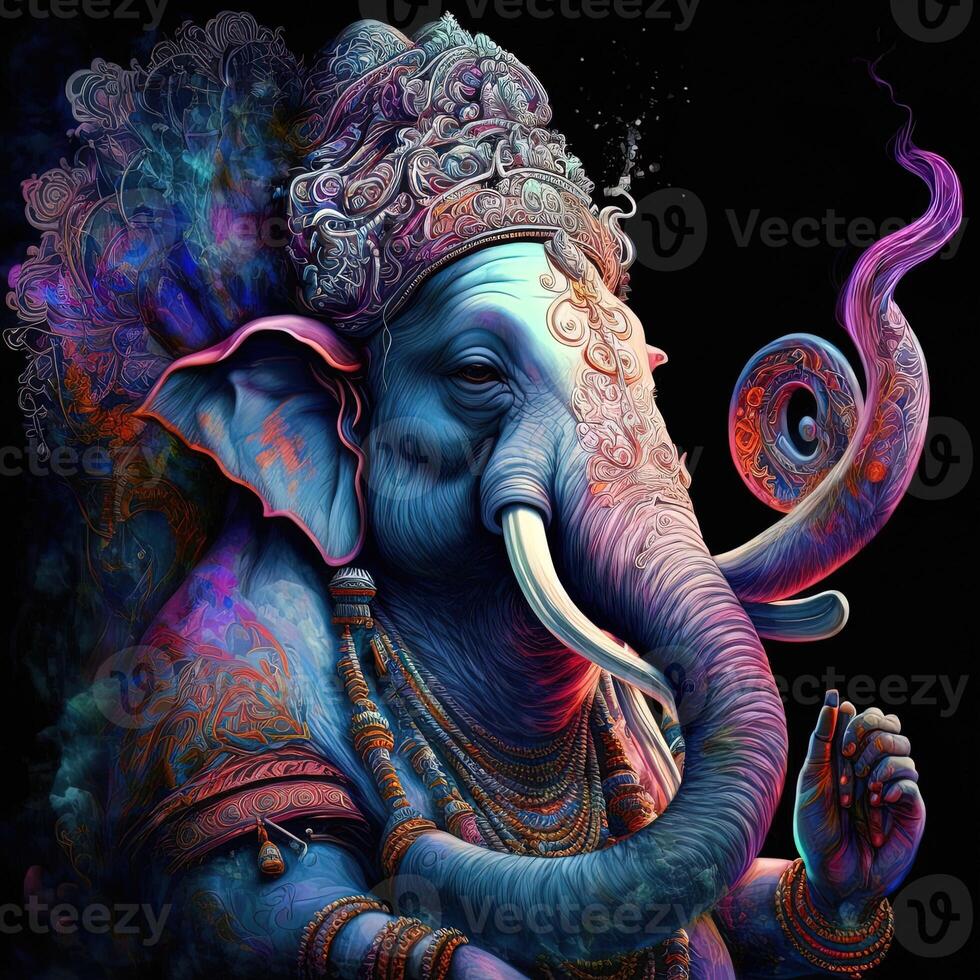 on statue of Lord Ganesha , Ganesha Festival. Hindu religion and Indian celebration of Diwali festival concept on dark, red, yellow background and copy space photo