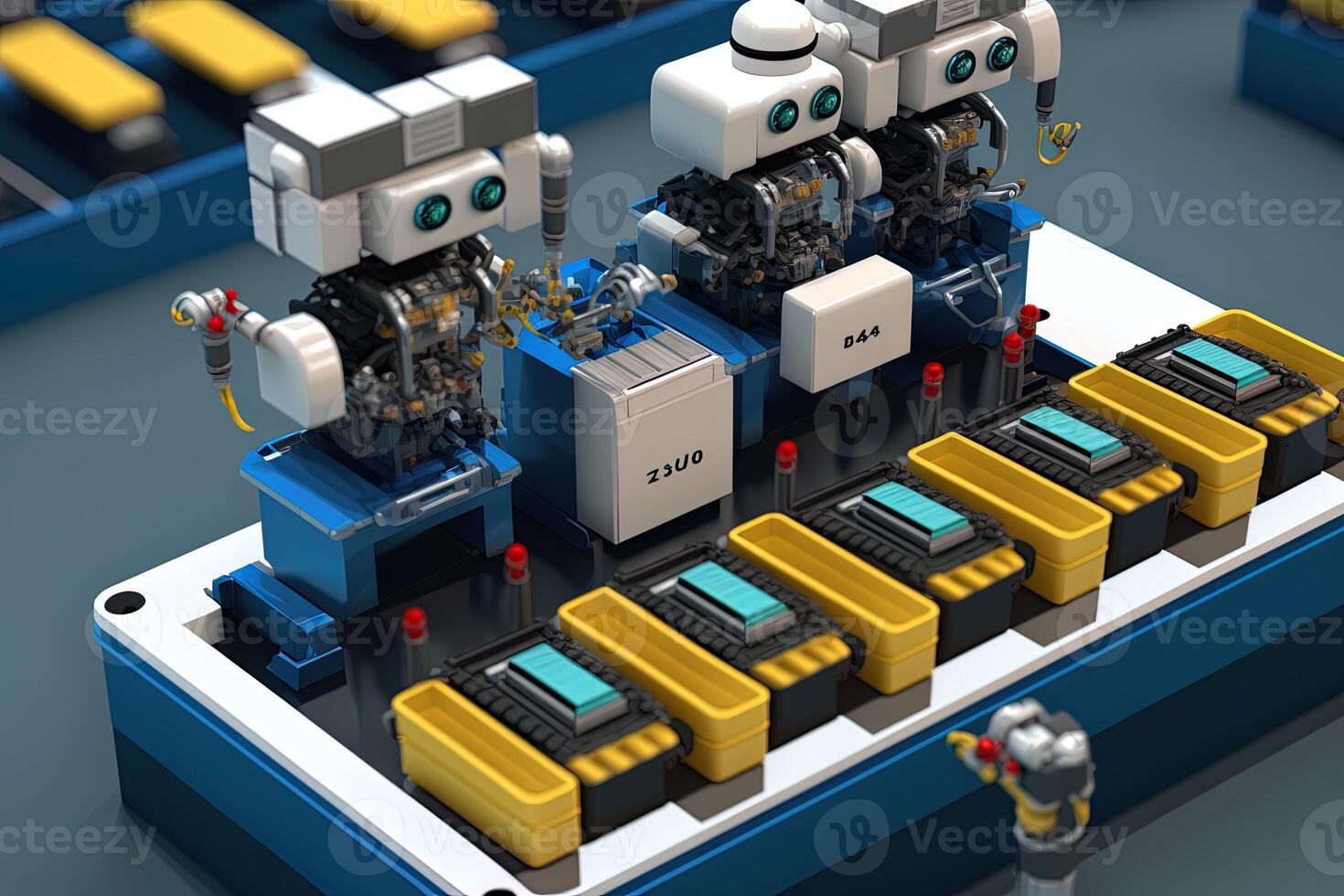 Interior of industry factory, Robot assembly line with electric car battery cells module on platform. photo