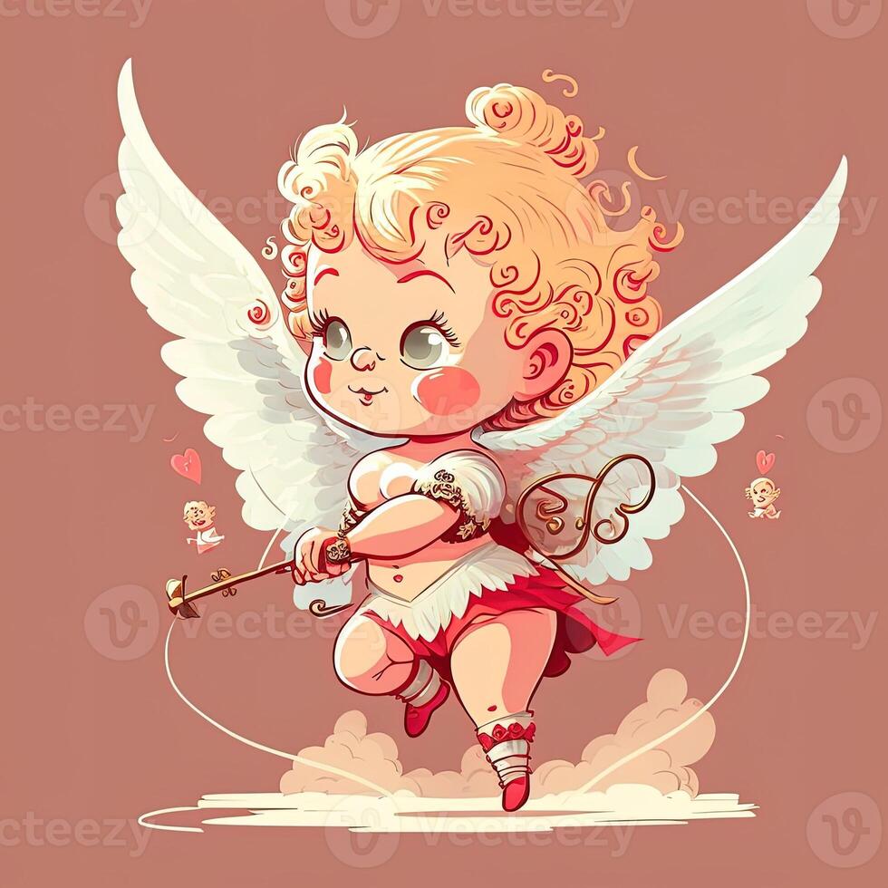 adorable baby cupid beautiful portrait, full body hand holding a bow and arrow, cartoon style character. Love and valentine concept. photo