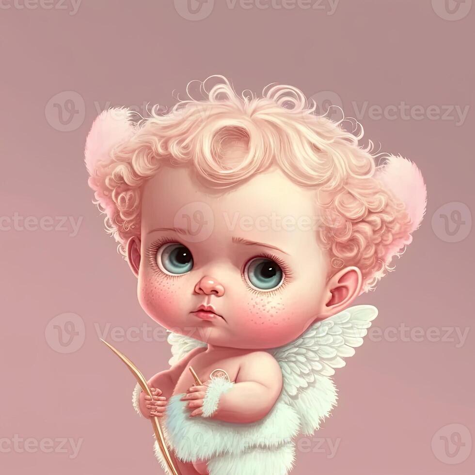 generativo ai adorable bebé Cupido hermosa retrato, lleno cuerpo mano participación un arco y flecha, dibujos animados estilo personaje. amor y enamorado concepto. foto