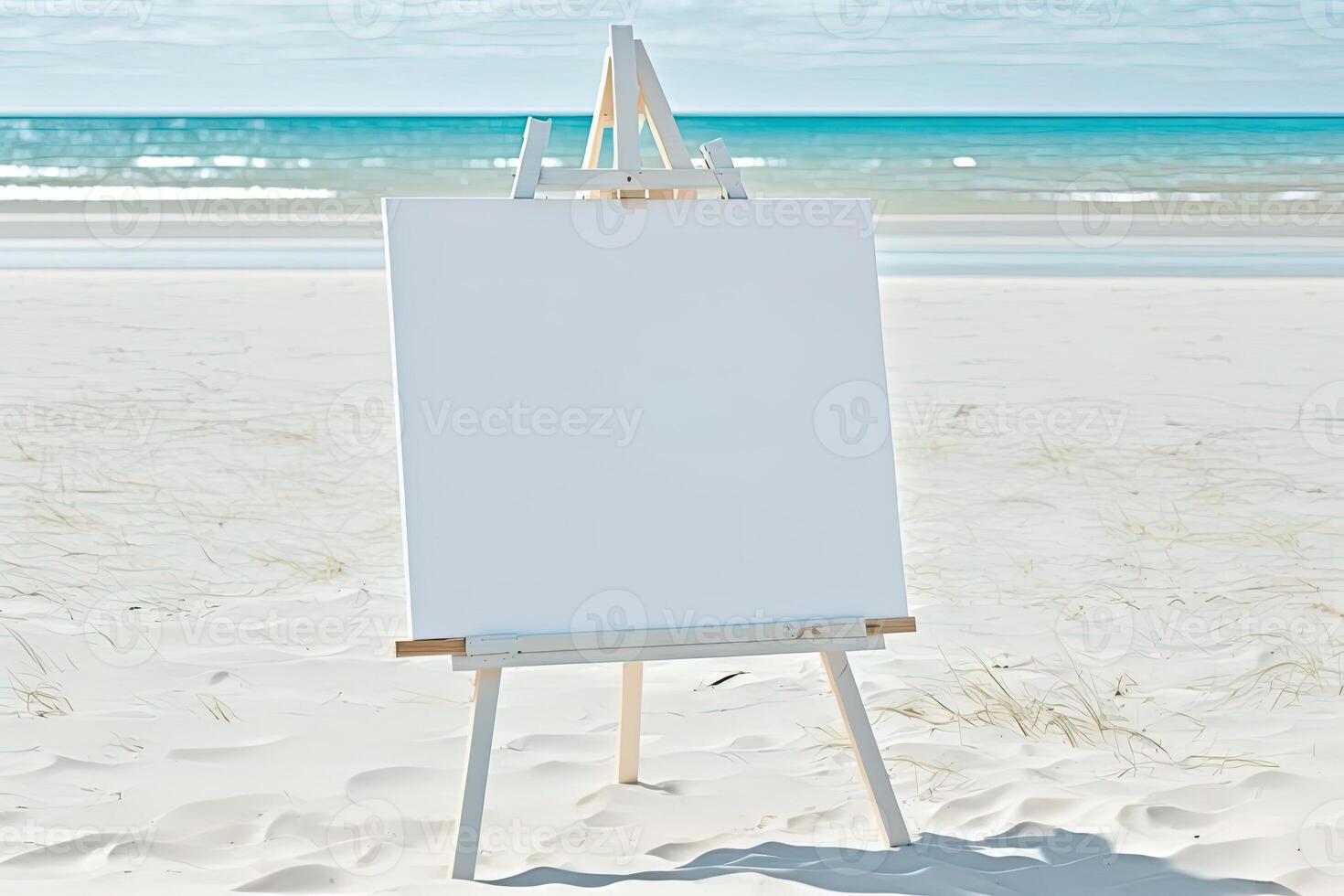 White blank artist frame on a small wooden easel on summer sea beach background with copy space. Advertising mockup artboard for pictures or artwork. Painting frame template banner. photo