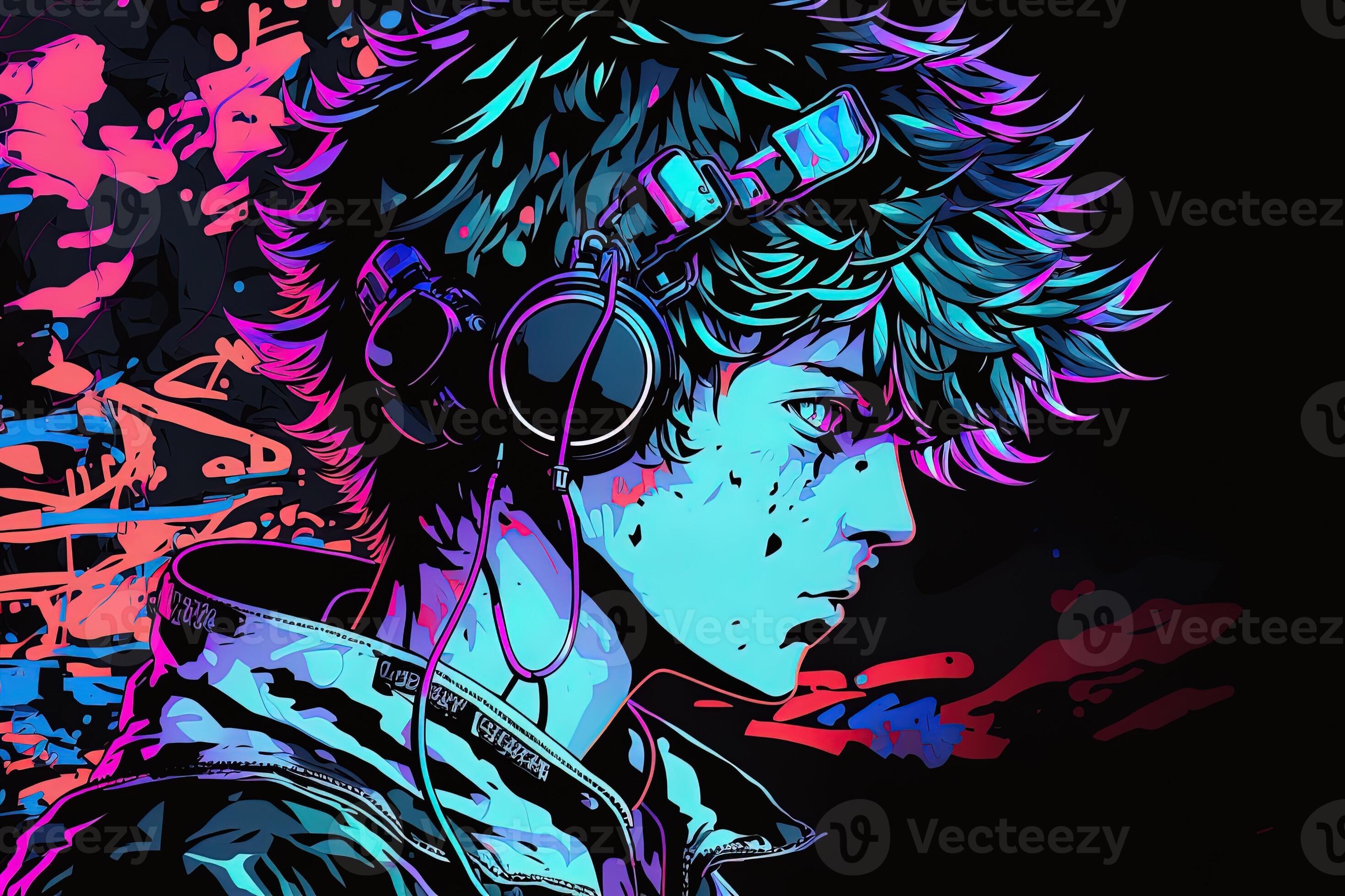 Premium Photo  Generative ai an neon gamer anime fashion boy or man  wearing headphones lost in his music abstract background that evokes the  feeling of different genres of music banner music