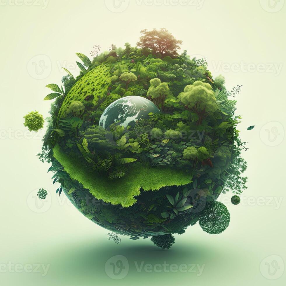 a green mini planet earth, Illustration of planet Earth with a giant tree. Energy saving, ecology and environment sustainable resources conservation concept. photo