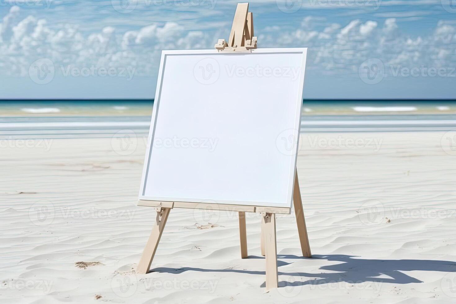 White blank artist frame on a small wooden easel on summer sea beach background with copy space. Advertising mockup artboard for pictures or artwork. Painting frame template banner. photo