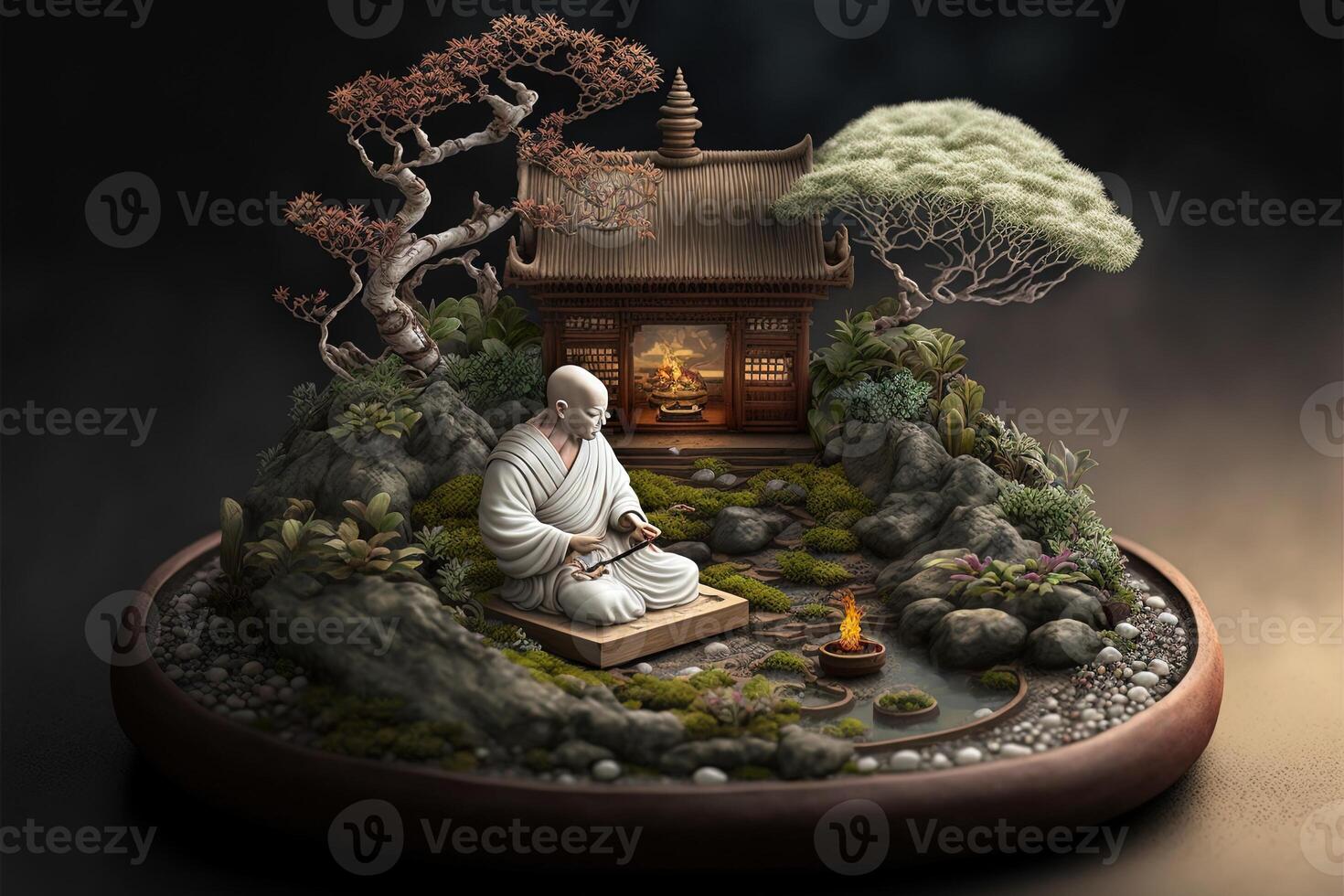 Miniature desk zen sandbox with Monk figure sit in Lotus position, stacked zen sea stones, brown elephant figurines, spa candles burning against dark studio background, copy space. photo