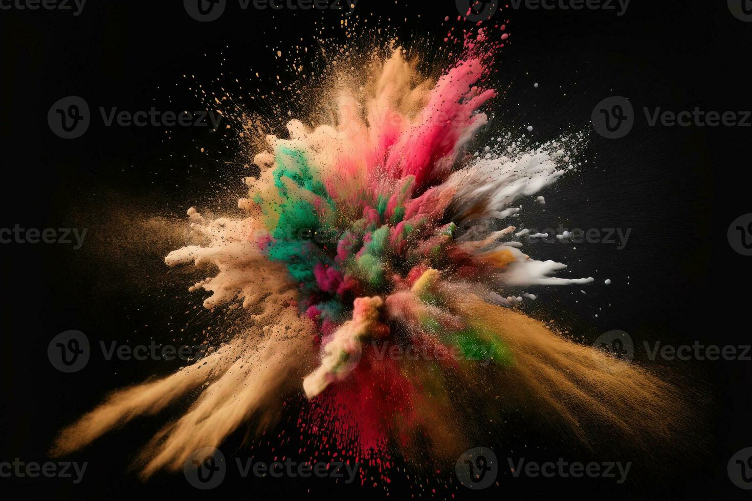 Abstract multicolored powder explosion on Black background.Colorful dust explode. Painted Holiday powder festival. Freeze motion of color powder exploding,throwing color powder on background. photo