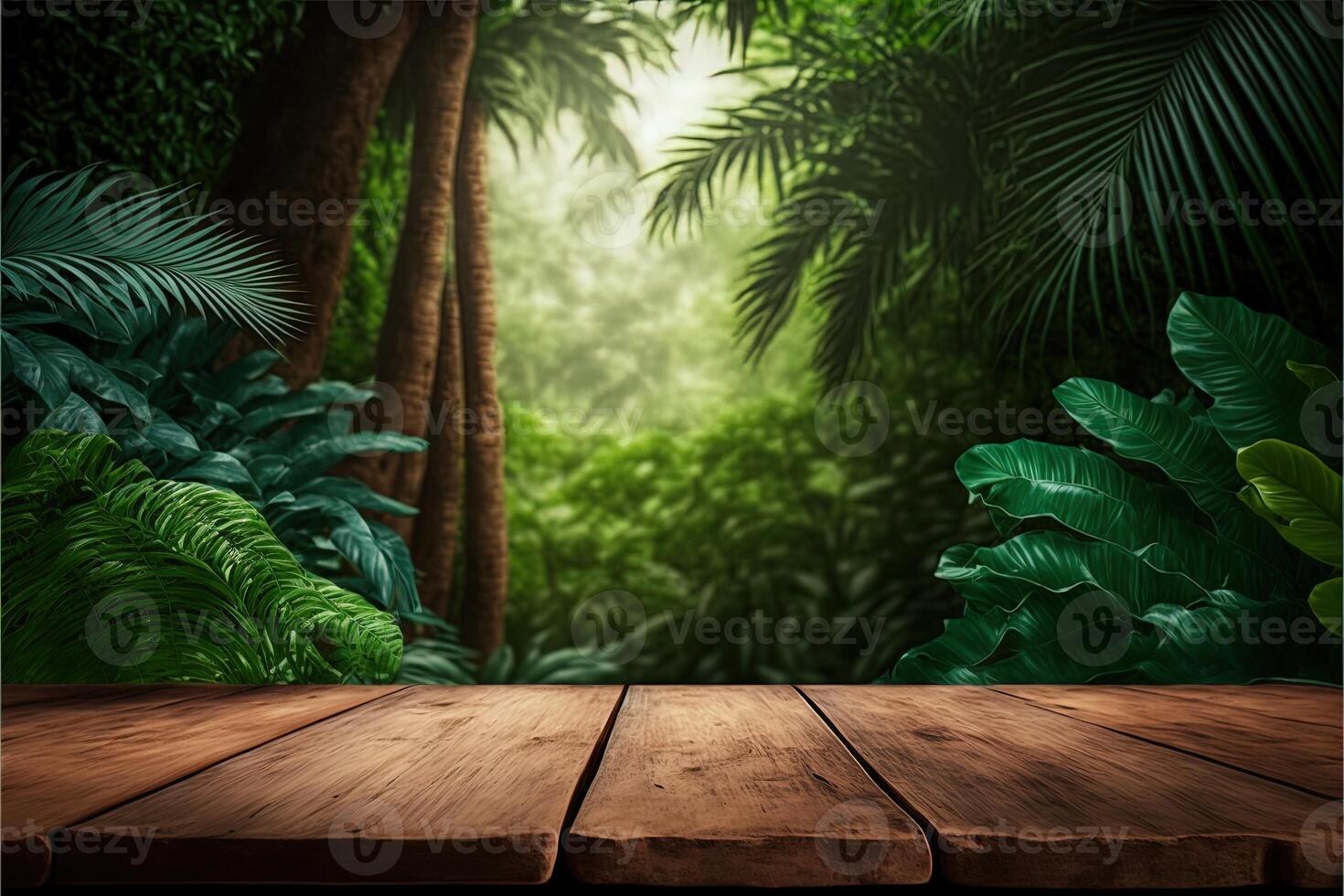 Tropical background with a wooden table on the forefront and lush vegetation with lots of copy space, perfect for editing with your product. Empty ready for your product display. photo