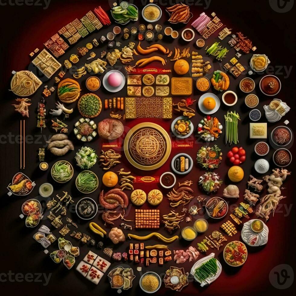 Top view of table dinner chinese. Knolling photography of chinese dinner new year , vibrant. Vietnamese Traditional Meal in Country side. Flat lay. photo