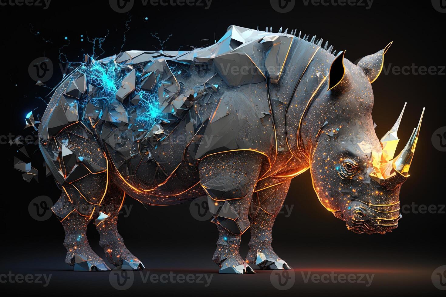 fusion of metal Rhino exploding through fire surrounded by scattered glass shards and debris, cosmic energy photo