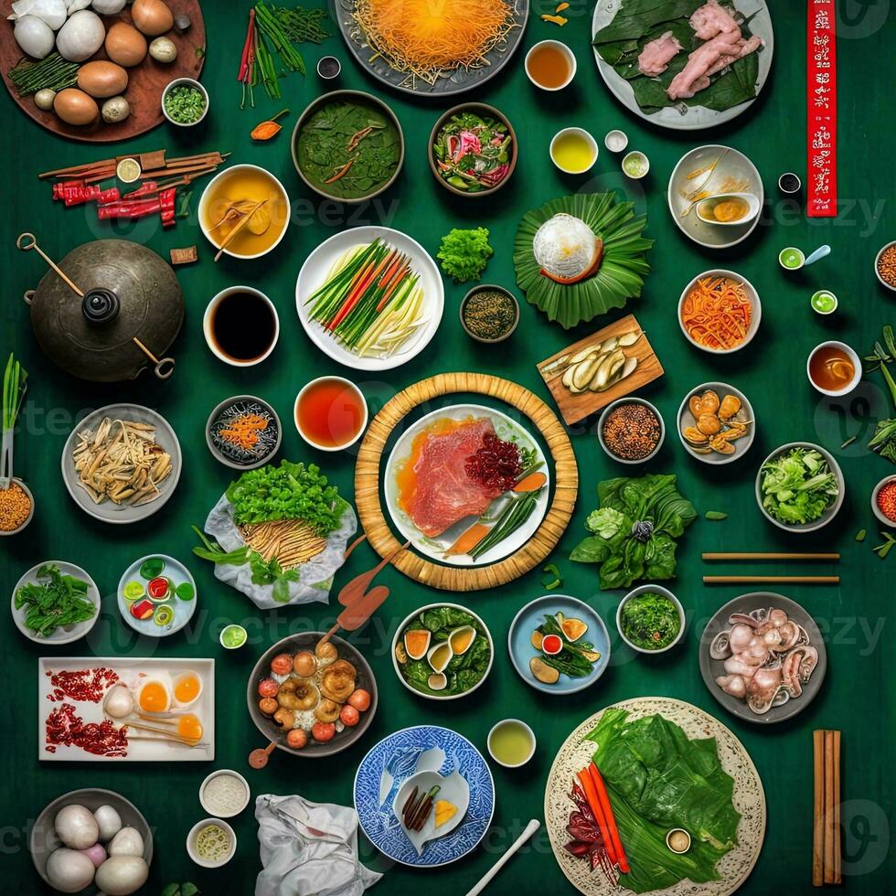 Top view of table dinner Vietnamese. Knolling photography of family dinner new year , vibrant. Vietnamese Traditional Meal in Country side. Flat lay. photo