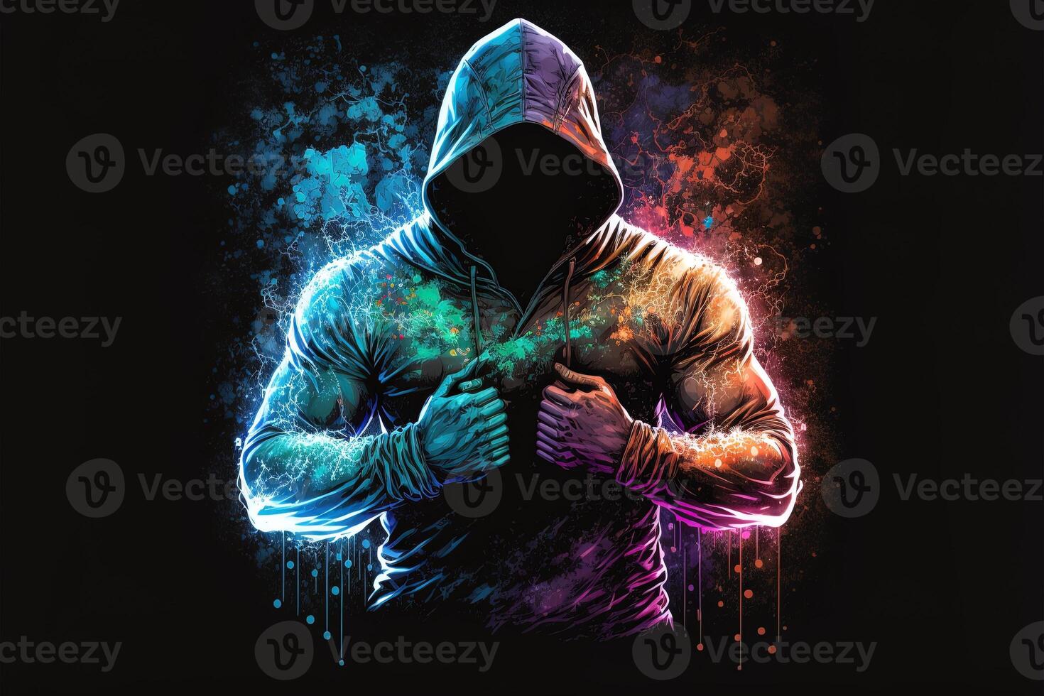 double exposure a lone figure in a hoodie and power boxing, universes collide with neon, cyberpunk, holography, cosmic background. Anonymous man in a black hoodie hacking computer avatar photo