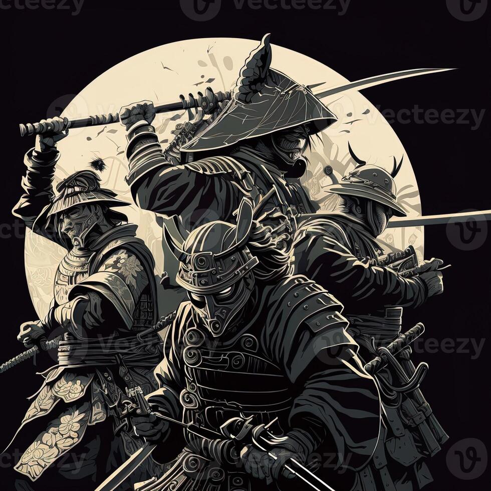 samurai guerrero con katana espada. ronin samurai en contra cinco enemigo rodeado acerca de a luchar, cómic estilo generativo ai foto