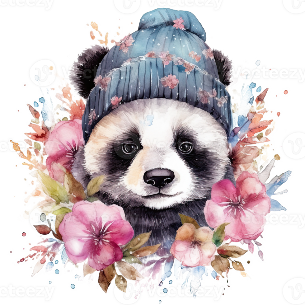 Watercolor panda in hat with flowers. Illustration png