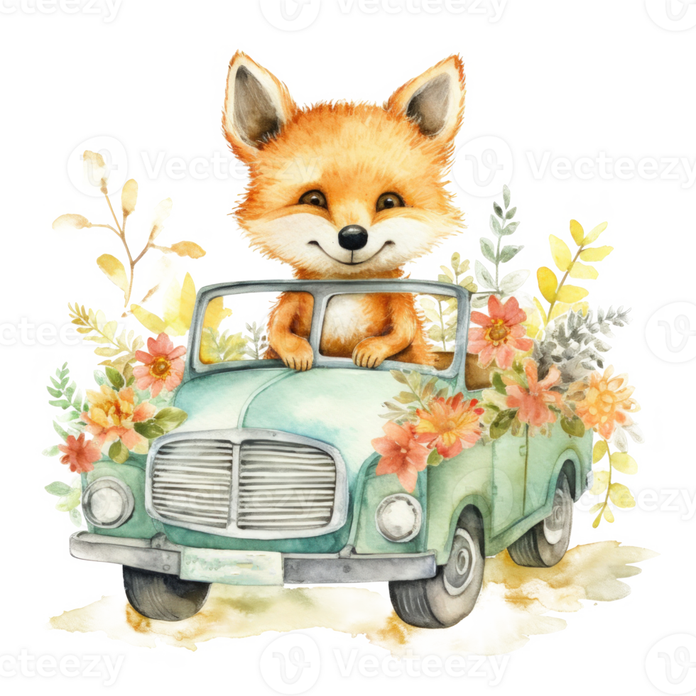 mignonne aquarelle bébé animal dans auto. illustration ai génératif png