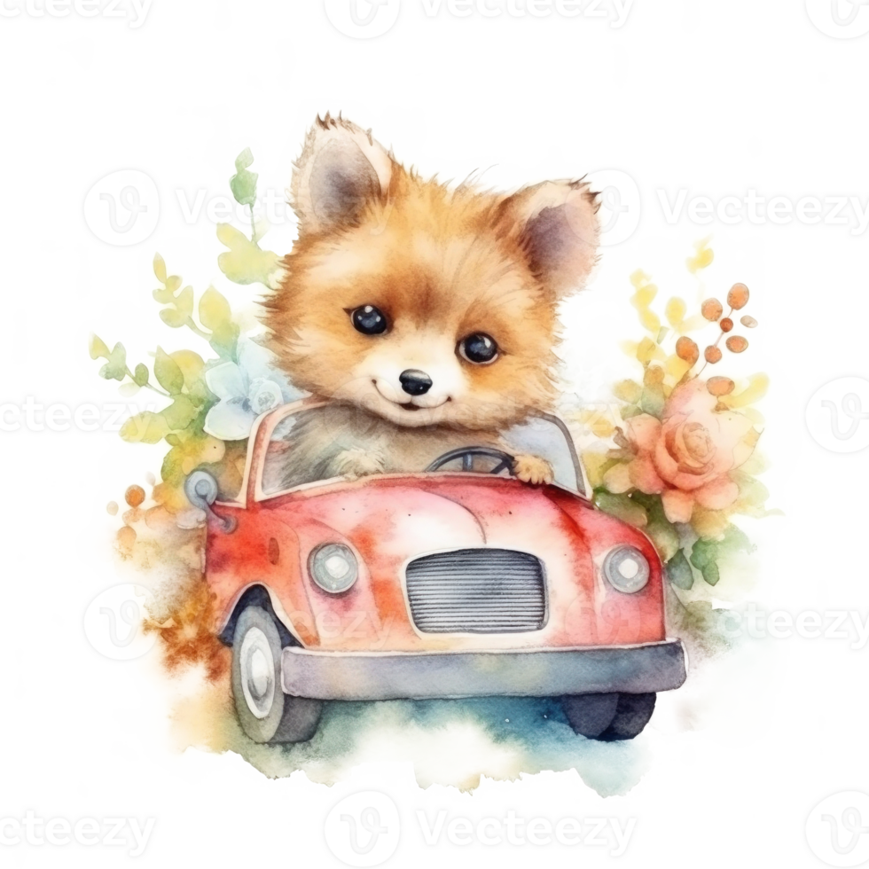 Cute watercolor baby animal in car. Illustration png