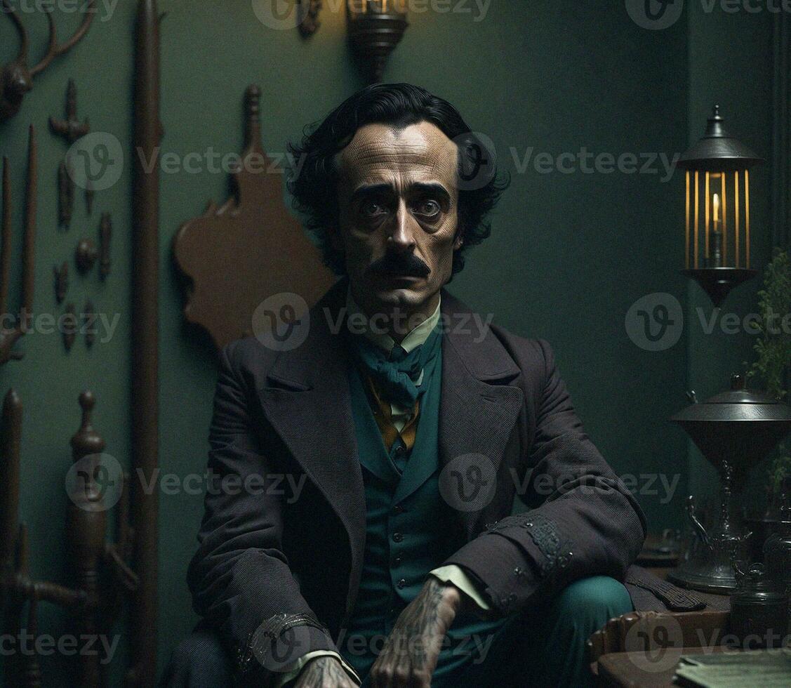 Portrait of a middle-aged man, similar to the American writer and poet Edgar Allan Poe. The illustration was created using artificial intelligence, a neural network. photo