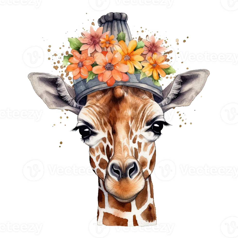 Cute giraffe in hat with flower. Watercolor. Illustration png