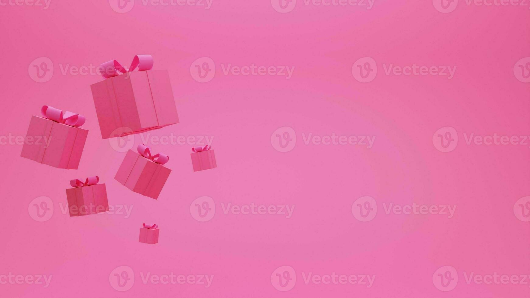 Pink gift box floating in the air with ribbon on pink background. photo