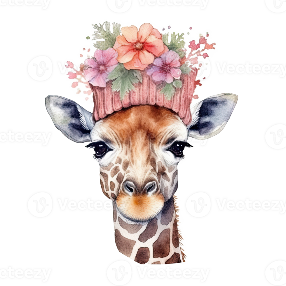 Cute giraffe in hat with flower. Watercolor. Illustration png