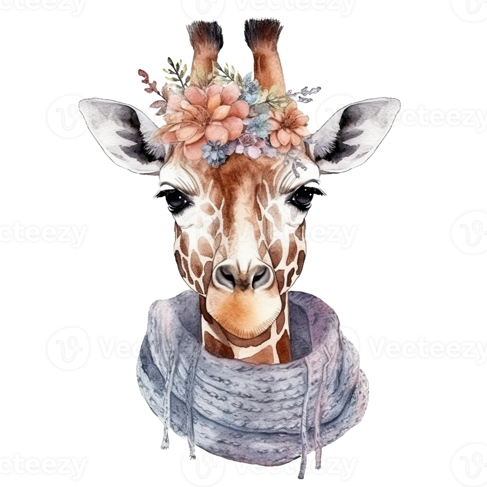 Cute giraffe in hat with flower. Watercolor. Illustration png