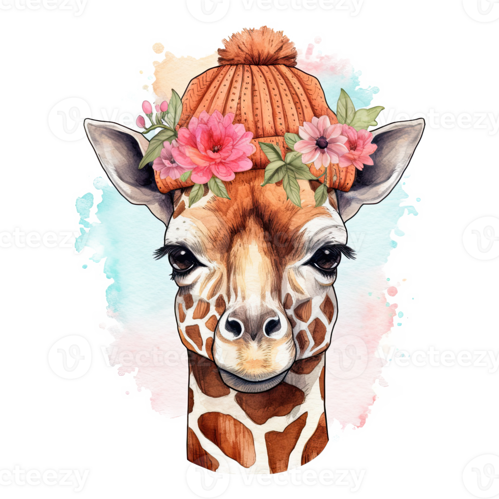 Cute giraffe in hat with flower. Watercolor. Illustration png