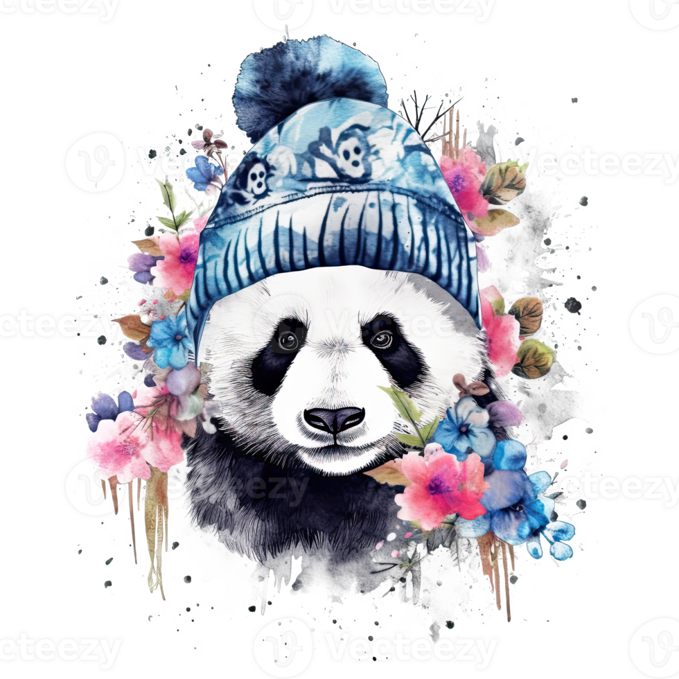 Watercolor panda in hat with flowers. Illustration png