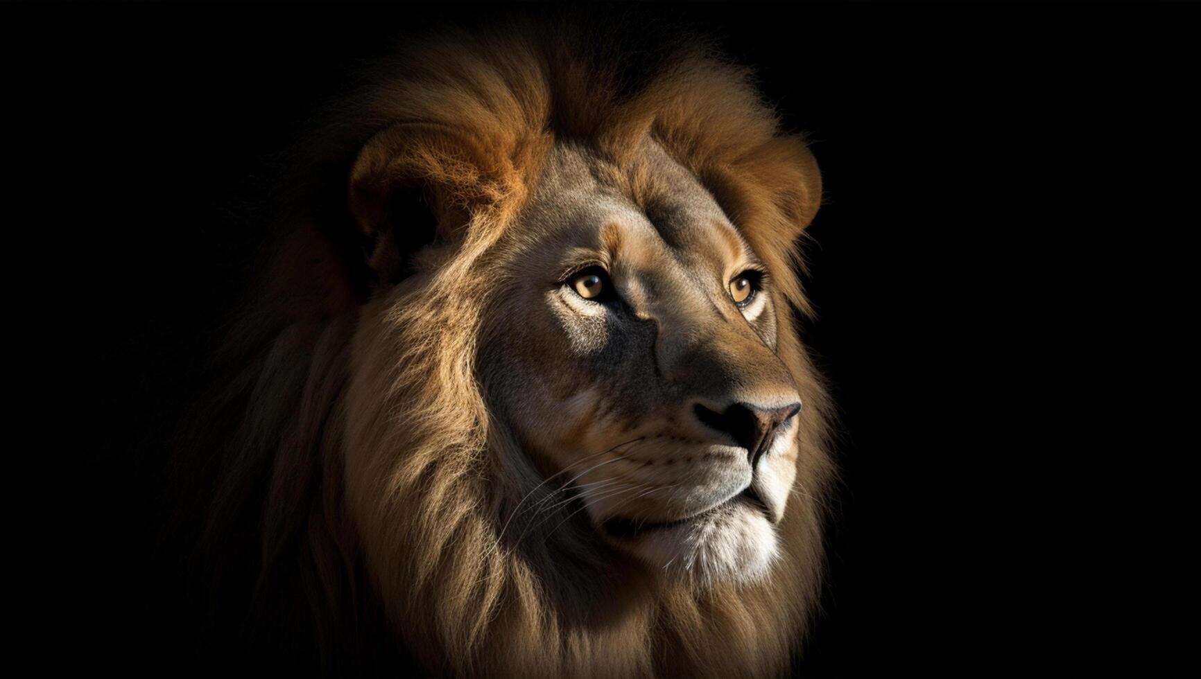 A lion's head is shown against a black background , photo