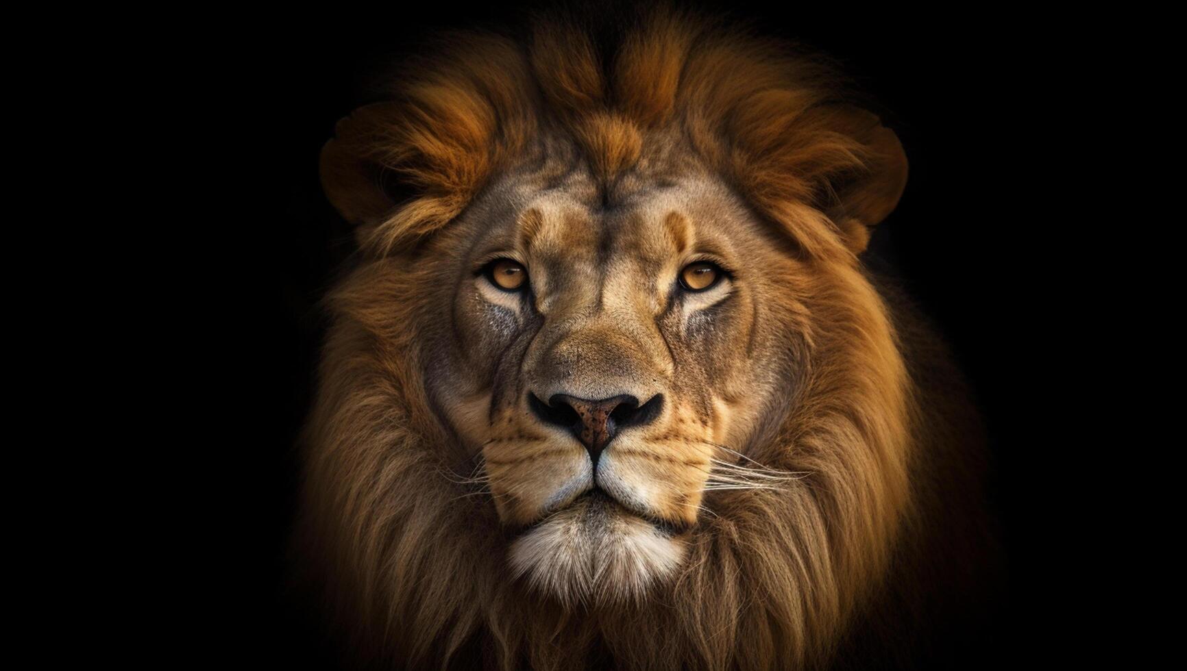 A lion's head is shown against a black background , photo