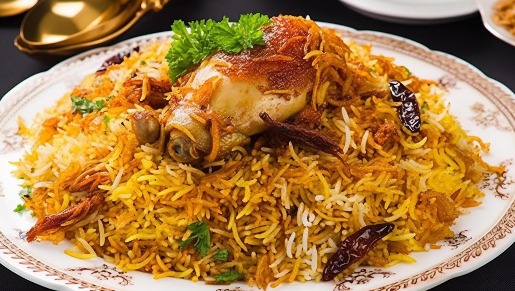 A plate of biryani with a bunch of food on it, photo