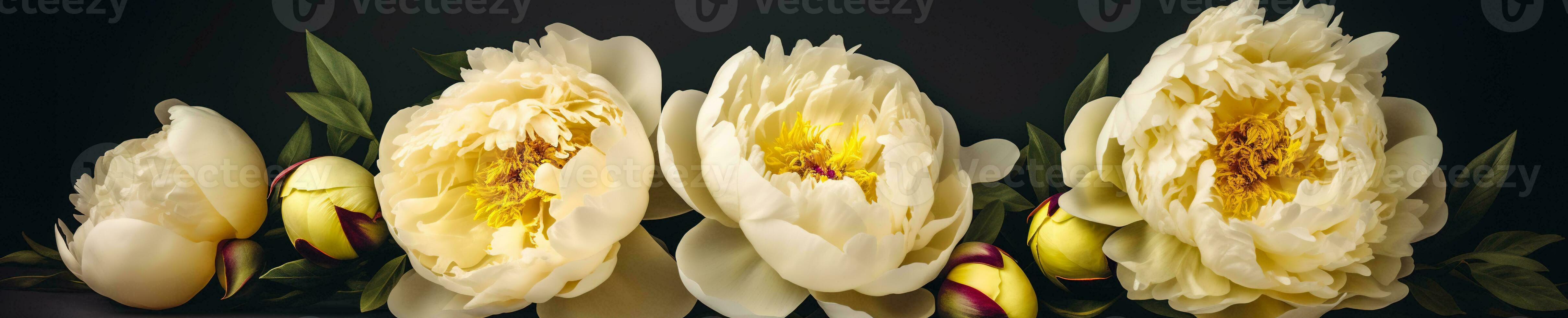 Banner with yellow Peony flowers. Dreamy illustration photo