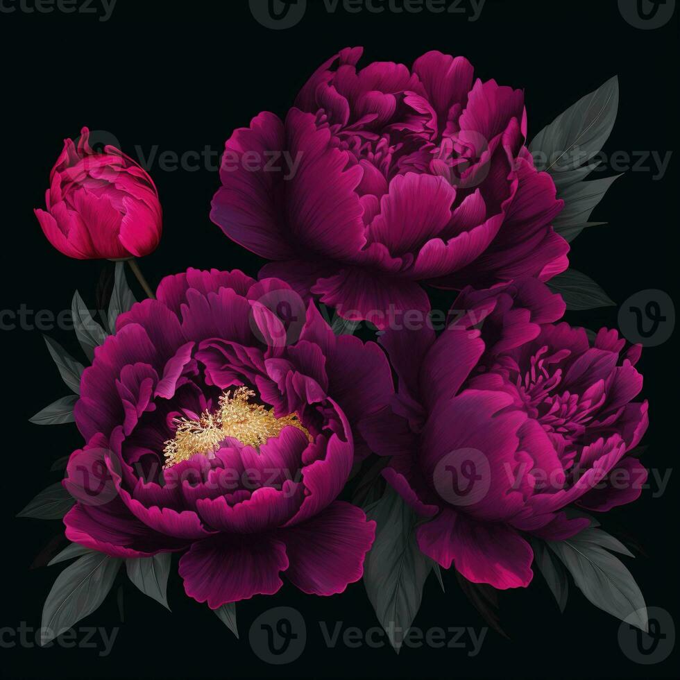 Modern peony illustration with bright pink flowers on a dark background. AI-generated image photo