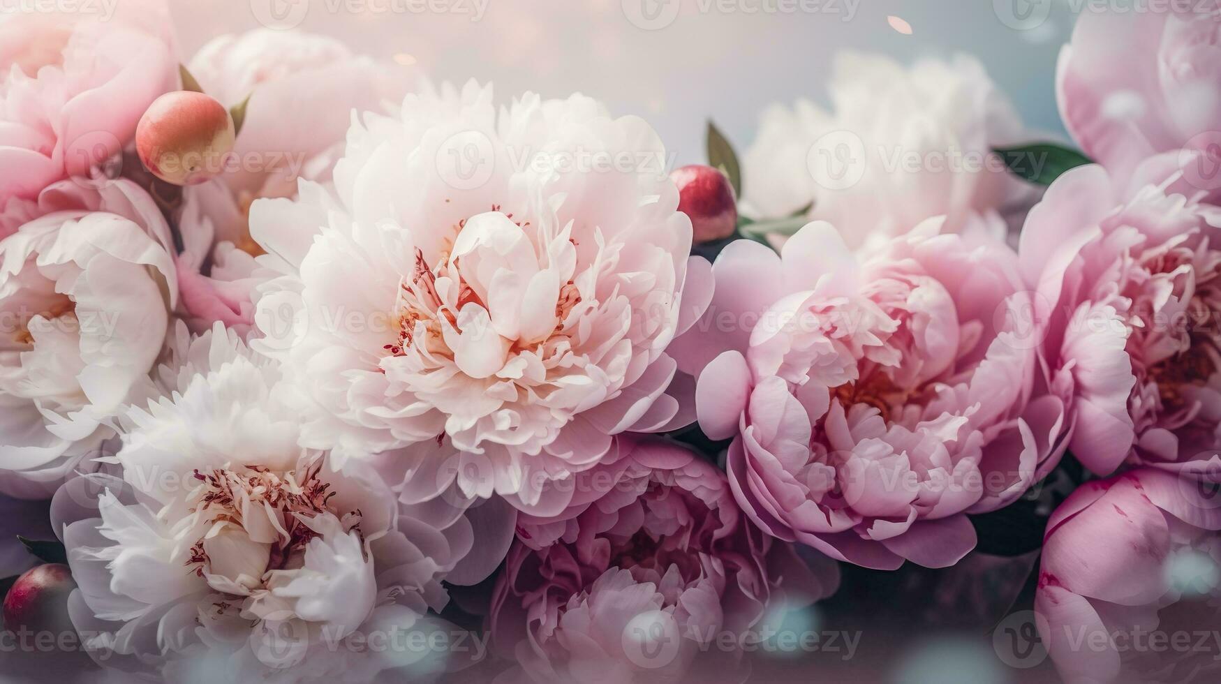 A delicate and feminine peony illustration banner with soft pink and white blooms arranged in a circular pattern. photo