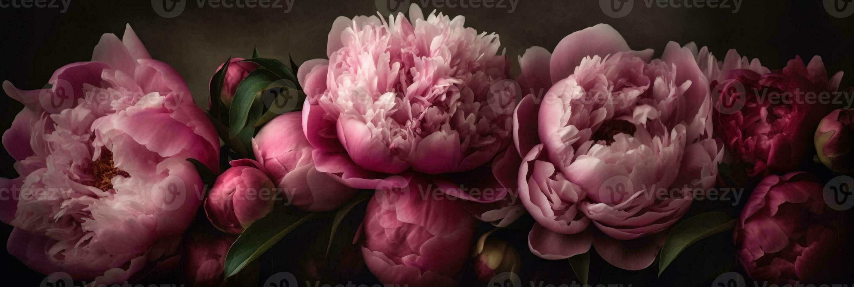 A peony banner with cascading shades of pink flowers in a romantic and ethereal style. AI-generated image photo