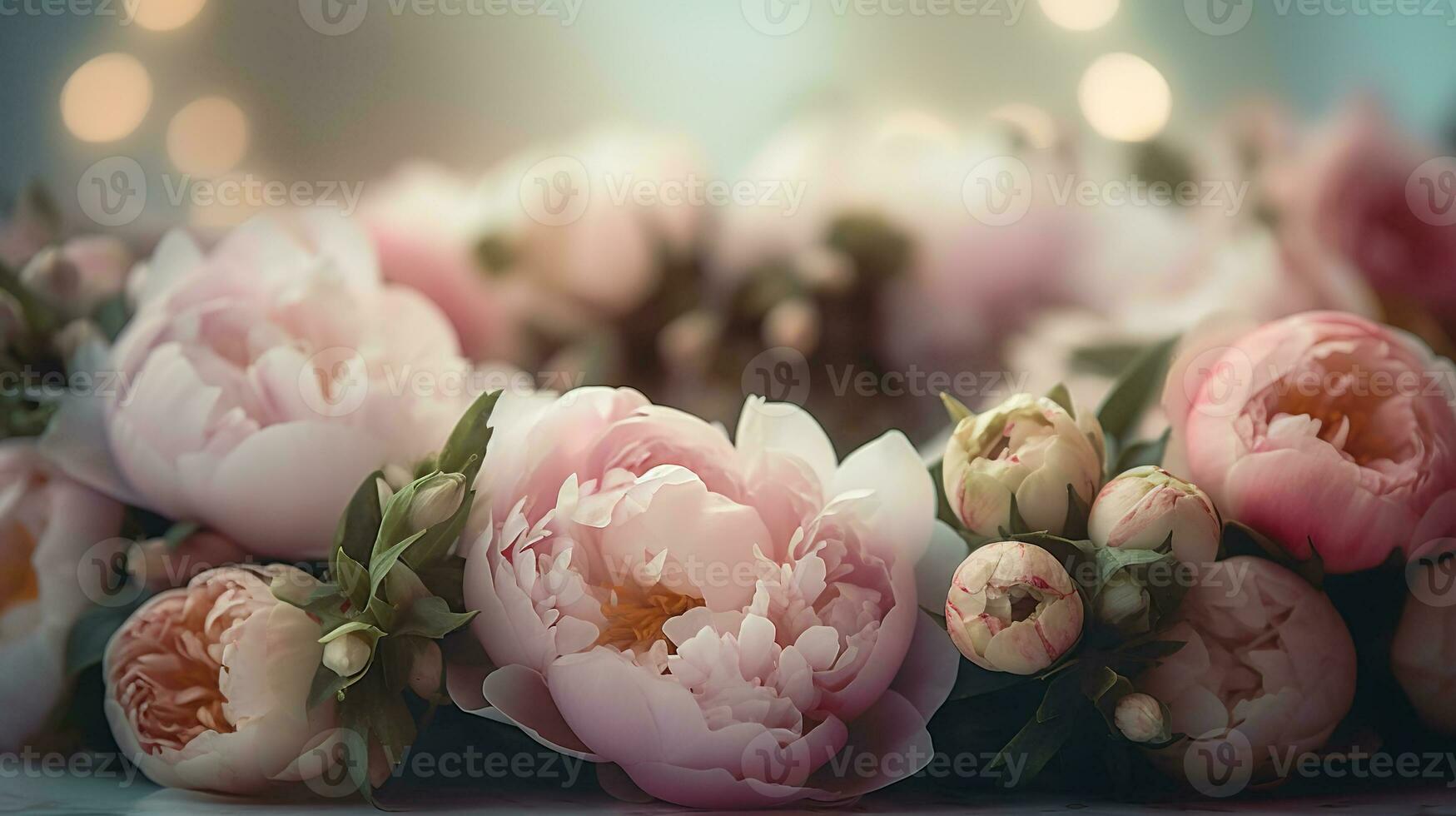 A delicate and feminine peony banner with soft pink and white blooms arranged in a circular pattern. photo