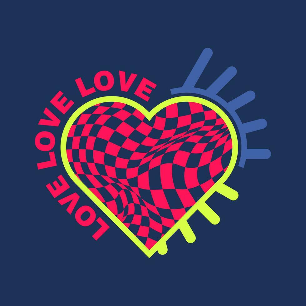 Bright poster with a heart and an inscription of love. Bright neon colors, geometric shapes. vector