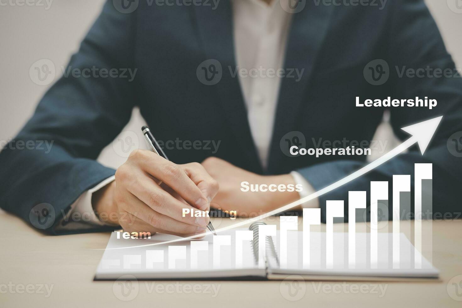 Businessman hold pen arrow graph marketing online on the office, Team working and planning business,Success and Cooperation in workshop, Leadership,Concept of financial growth and analysis, photo