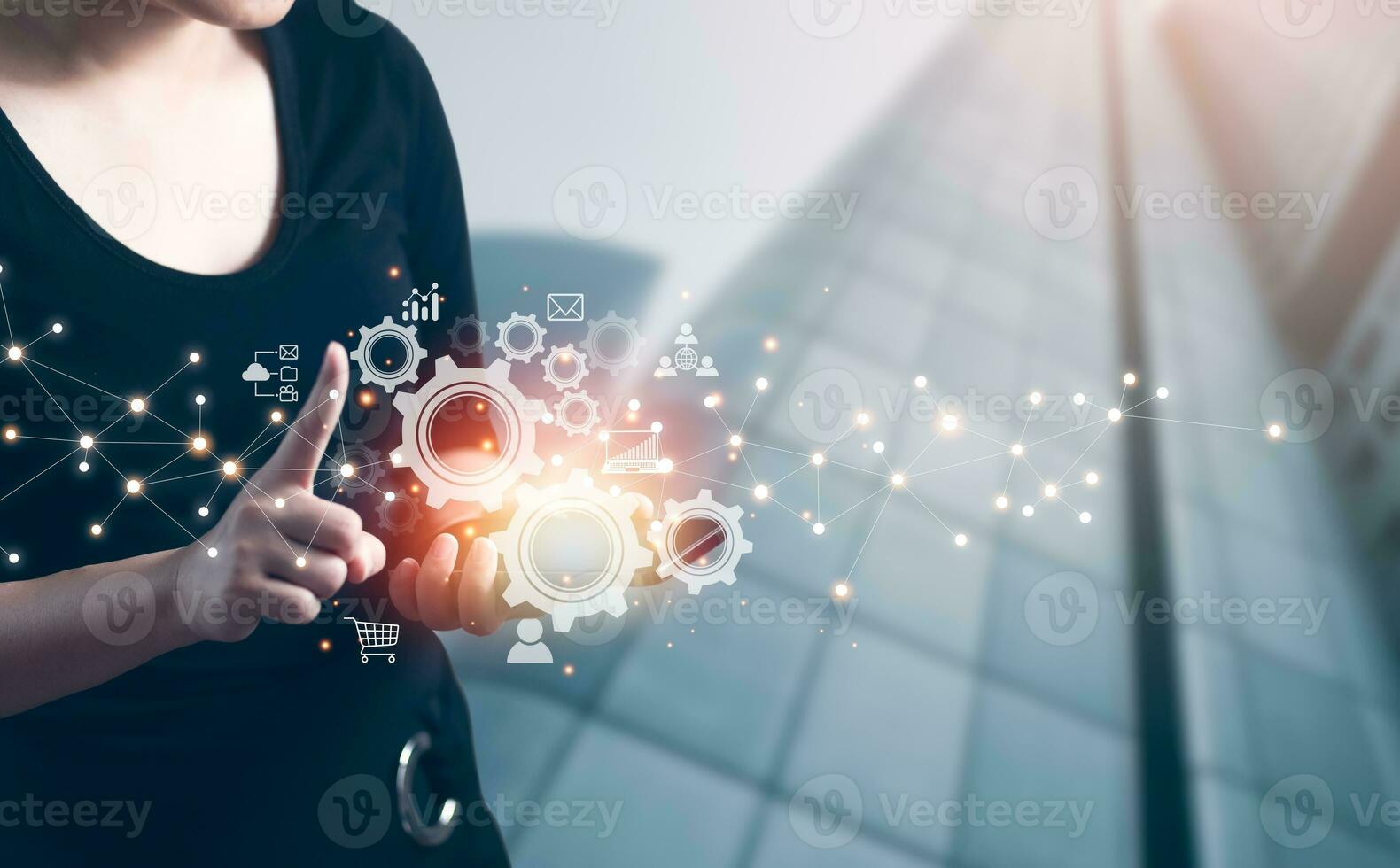 woman using mobile smartphone with setting icon of technology, Innovative, and global network connection, Data exchanges on background,Business network communication and innovation technology concept. photo