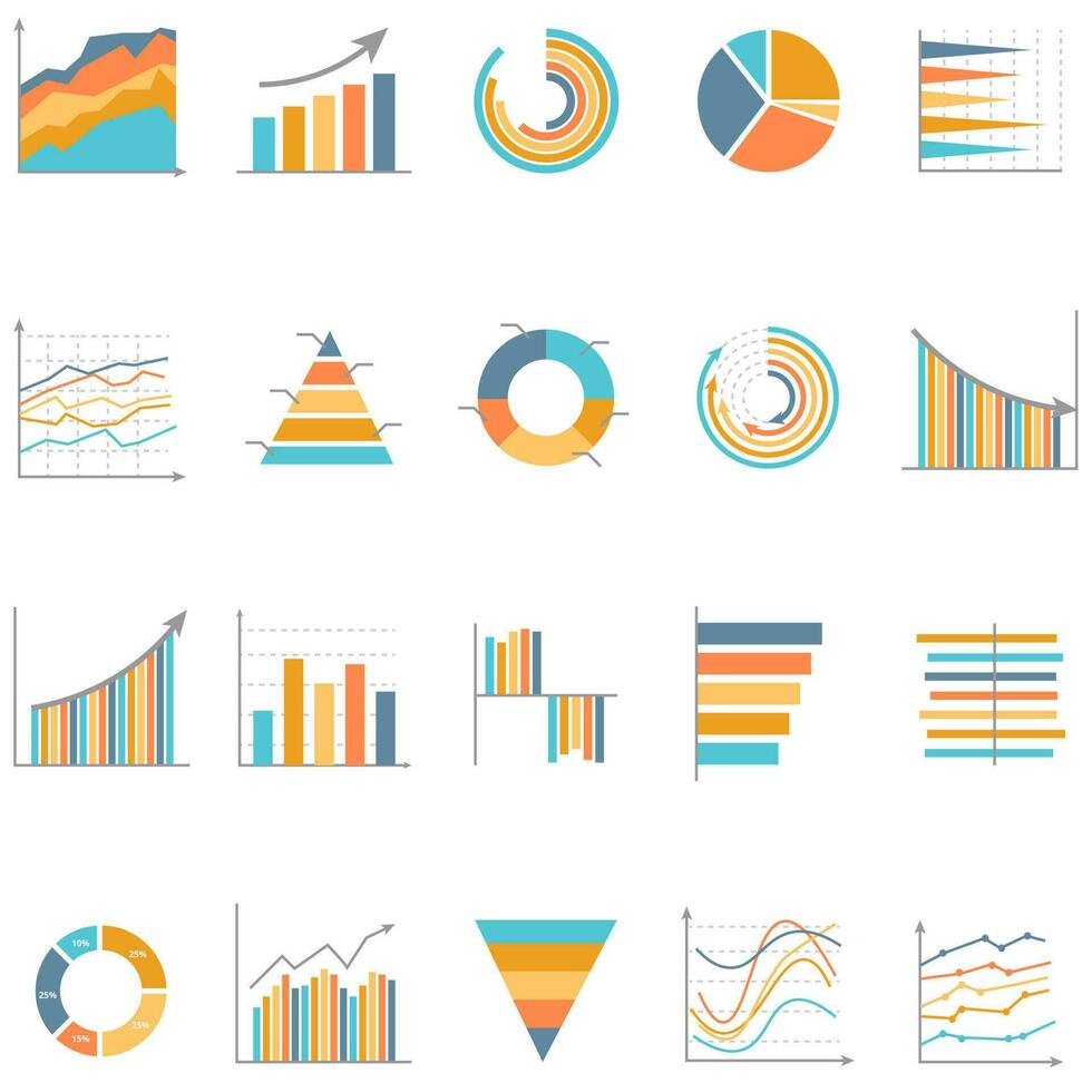 Set of business graph icon, Color object statistics finance presentation, Flat success report symbol vector. 640x640 pixels vector