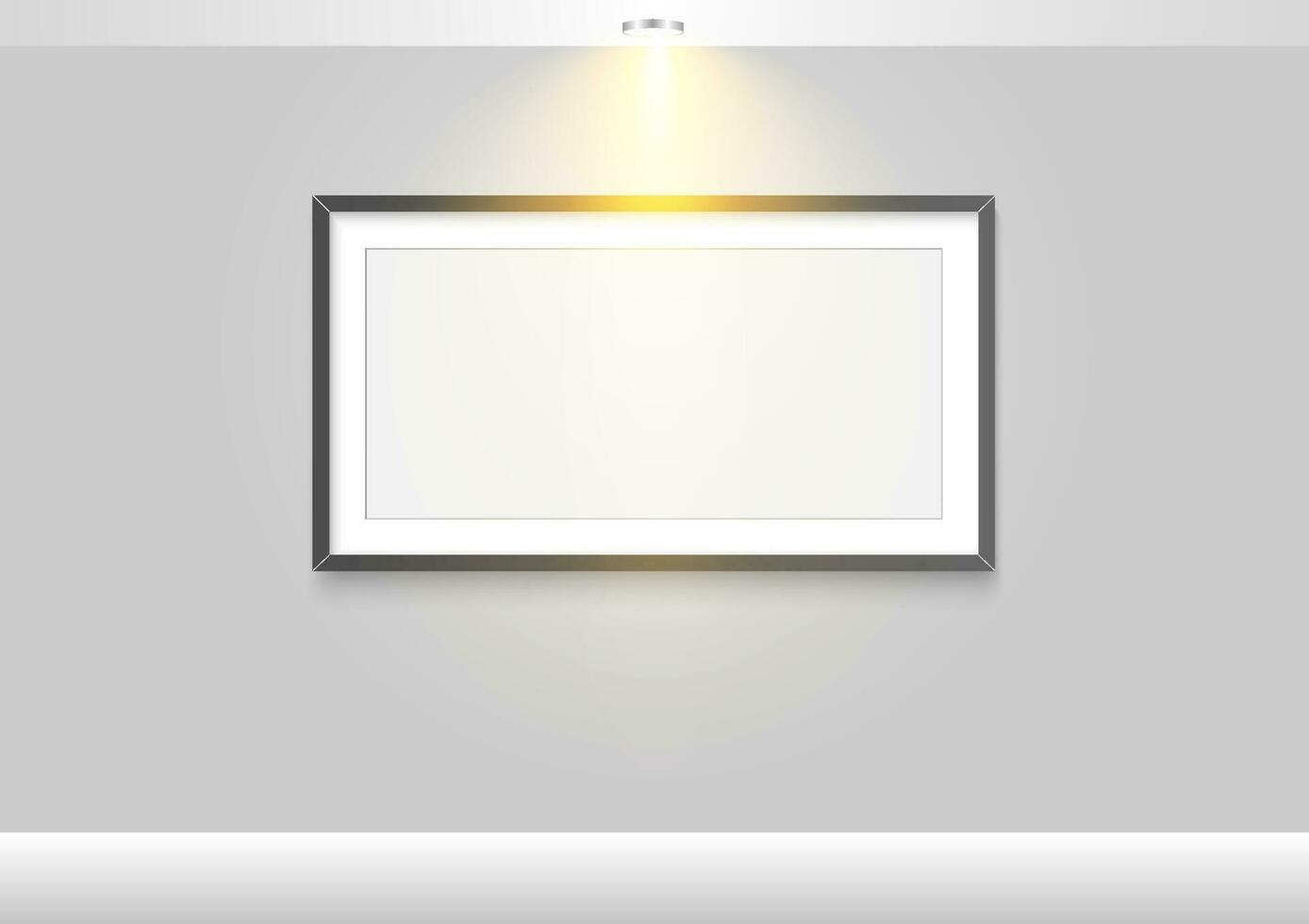 Empty frame. Wall art mock up with lighting. Ceiling lamp with light bulb. Object gallery interior graphic vector illustrator.