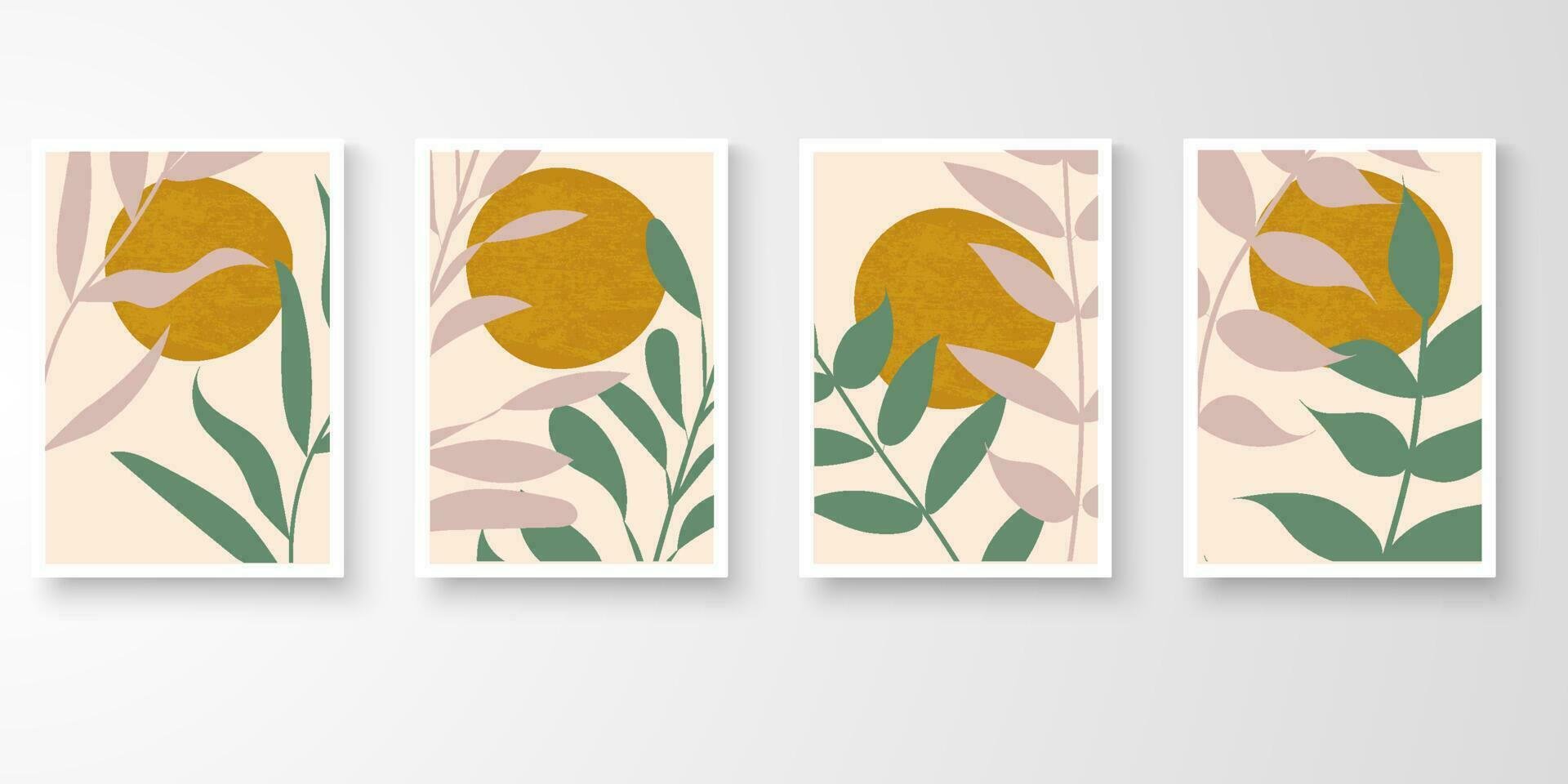 Set of wall art in white frames.Foliage line art drawing with abstract organic shape composition earth tone. Moon leaf art vector illustration.
