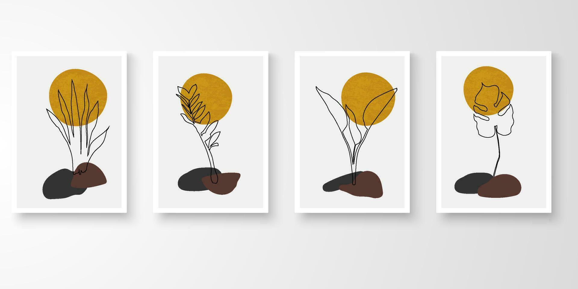 Set of wall art in white frames.Foliage line art drawing with abstract organic shape composition earth tone. Moon plants stone art vector illustration.