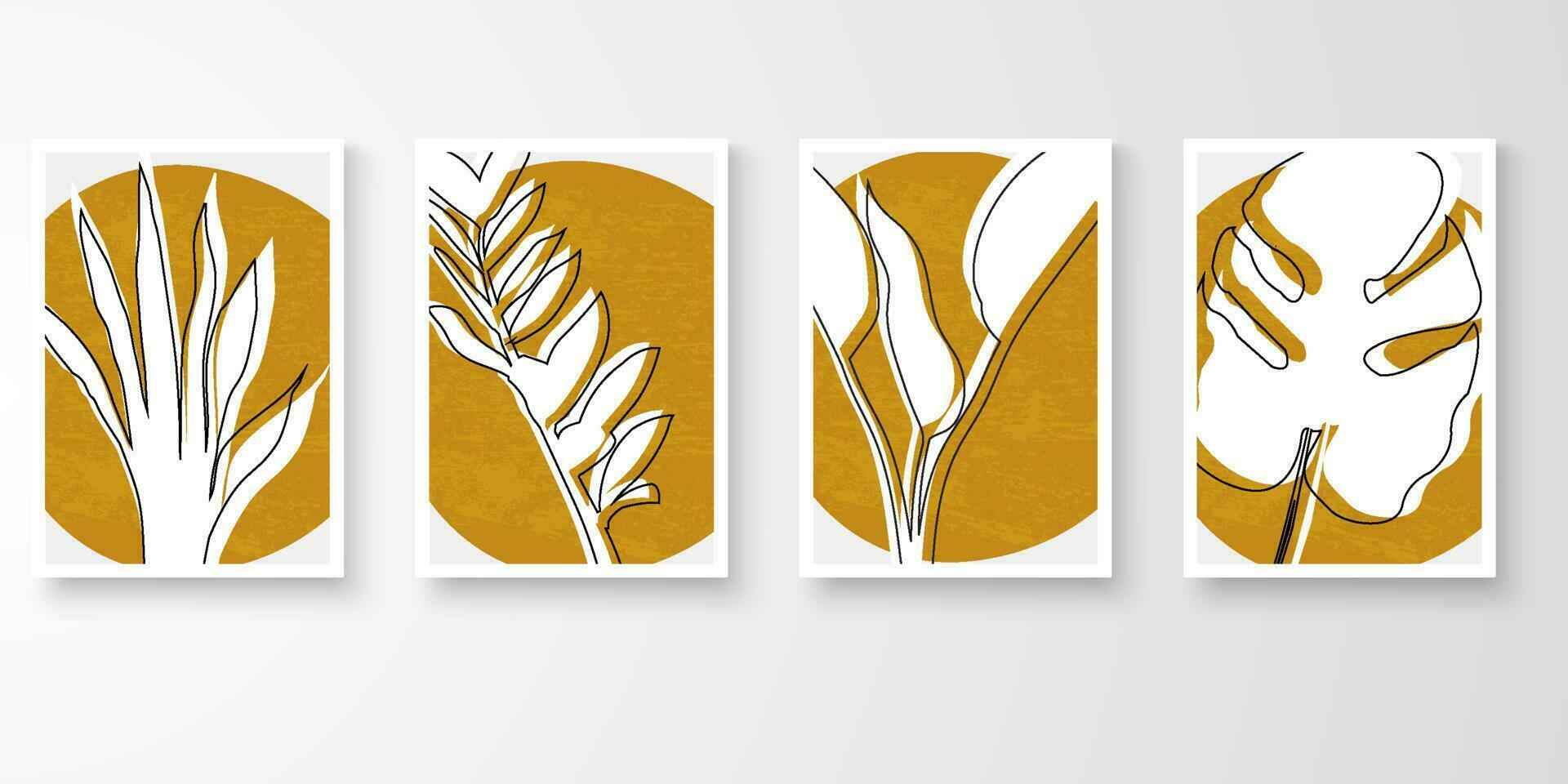 Set of wall art in white frames.Foliage line art drawing with abstract organic shape composition earth tone. Moon plants art vector illustration.