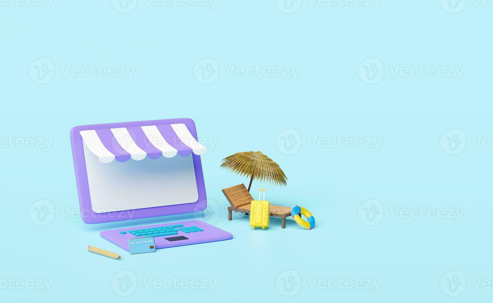 laptop computer monitor with store front,beach chair,palm leaf,umbrella,lifebuoy,suitcase isolated on blue background.online shopping summer sale concept, 3d illustration or 3d render photo